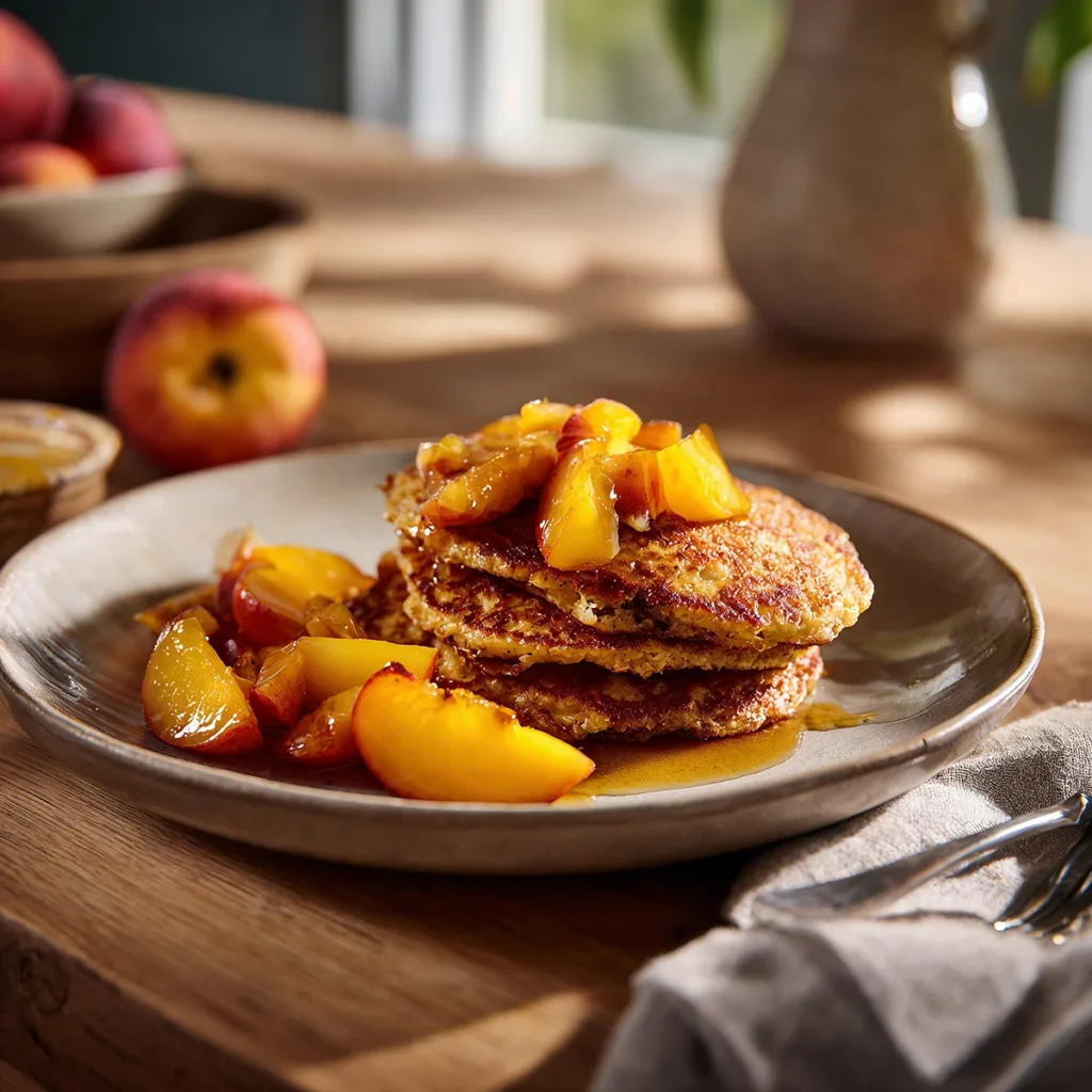 QUINOA BREAKFAST PANCAKES WITH HONEY PEACHES